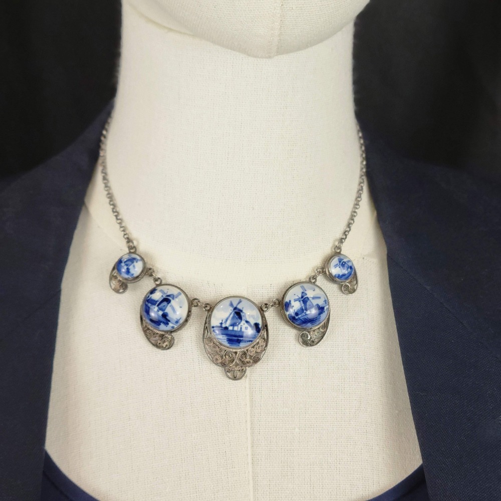 Vintage Delft Blue Porcelain Windmill Filigree Necklace Silver Dutch Bib